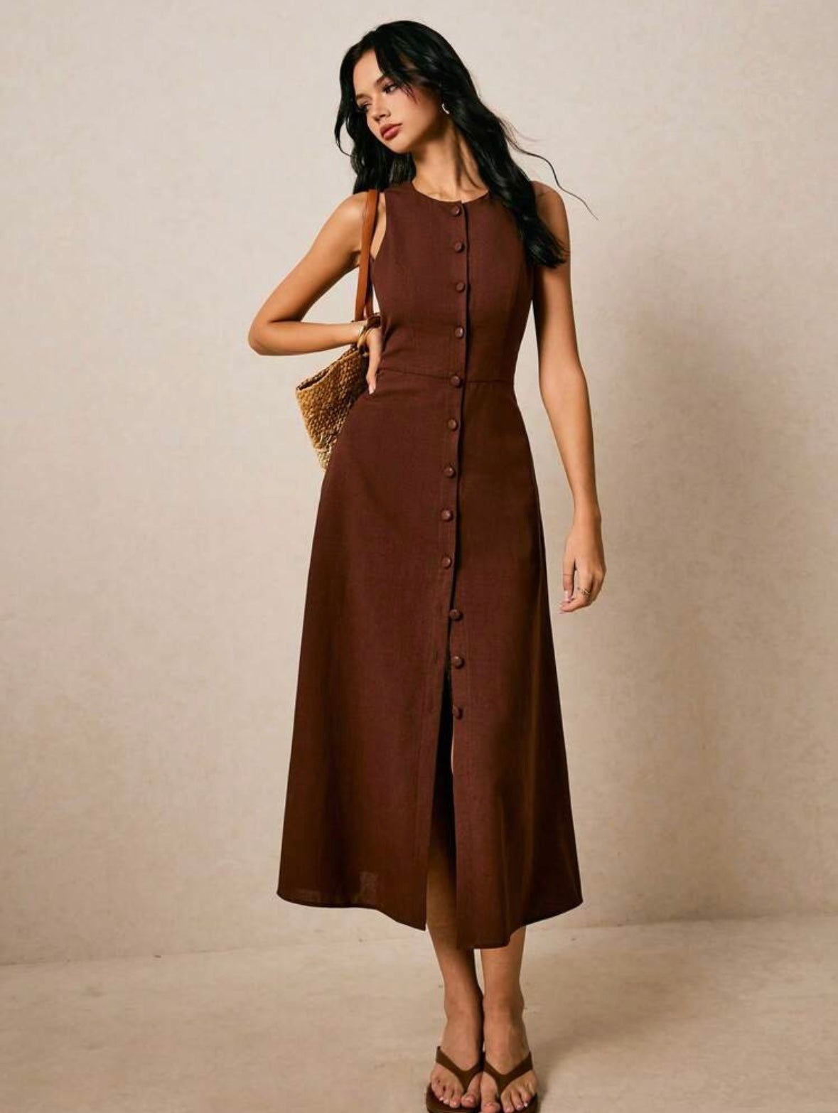 Women's Round Neck |Single-Breasted | Sleeveless | Long Dress