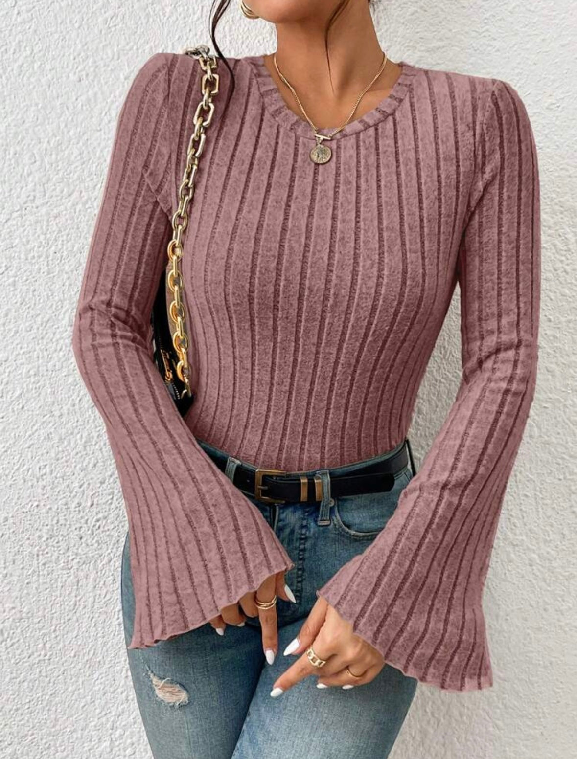 Knit Tee | Trimmed Trumpet Sleeve | Ribbed Texture