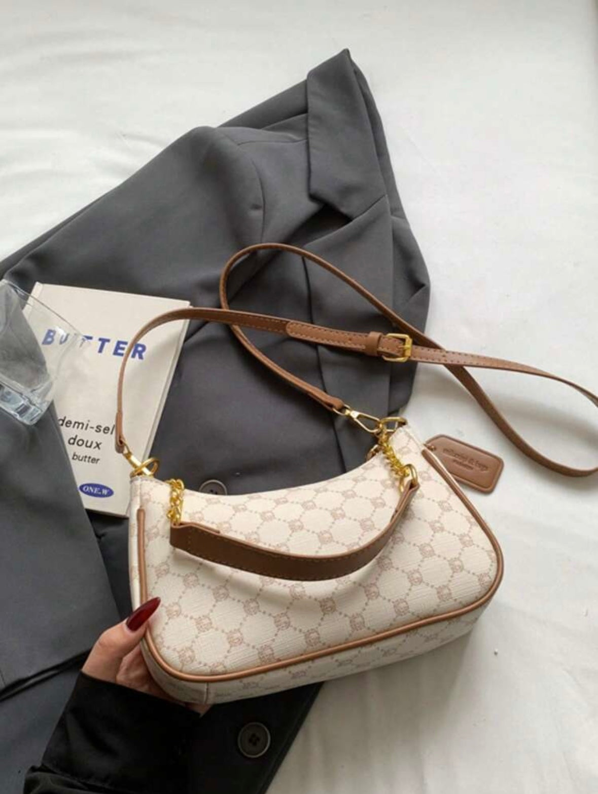 Women's shoulder bag | Adjustable strap | Metallic embroidered letters |