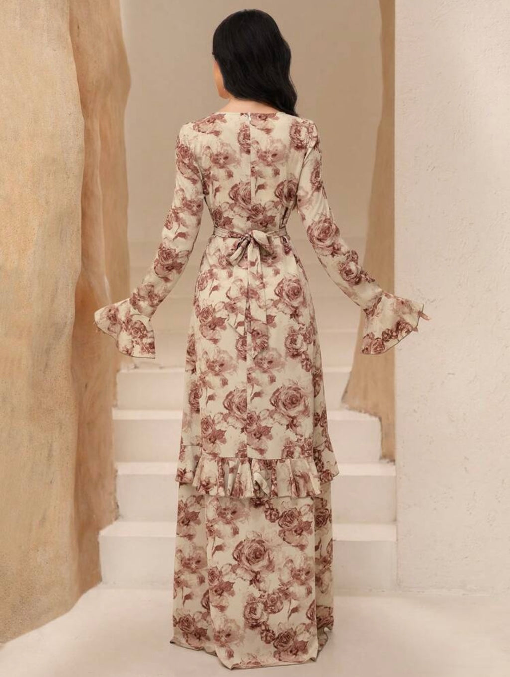Women's Ruffle Long Sleeve Cinched Waist Waist A-Line | Retro Romantic Dress | Modest