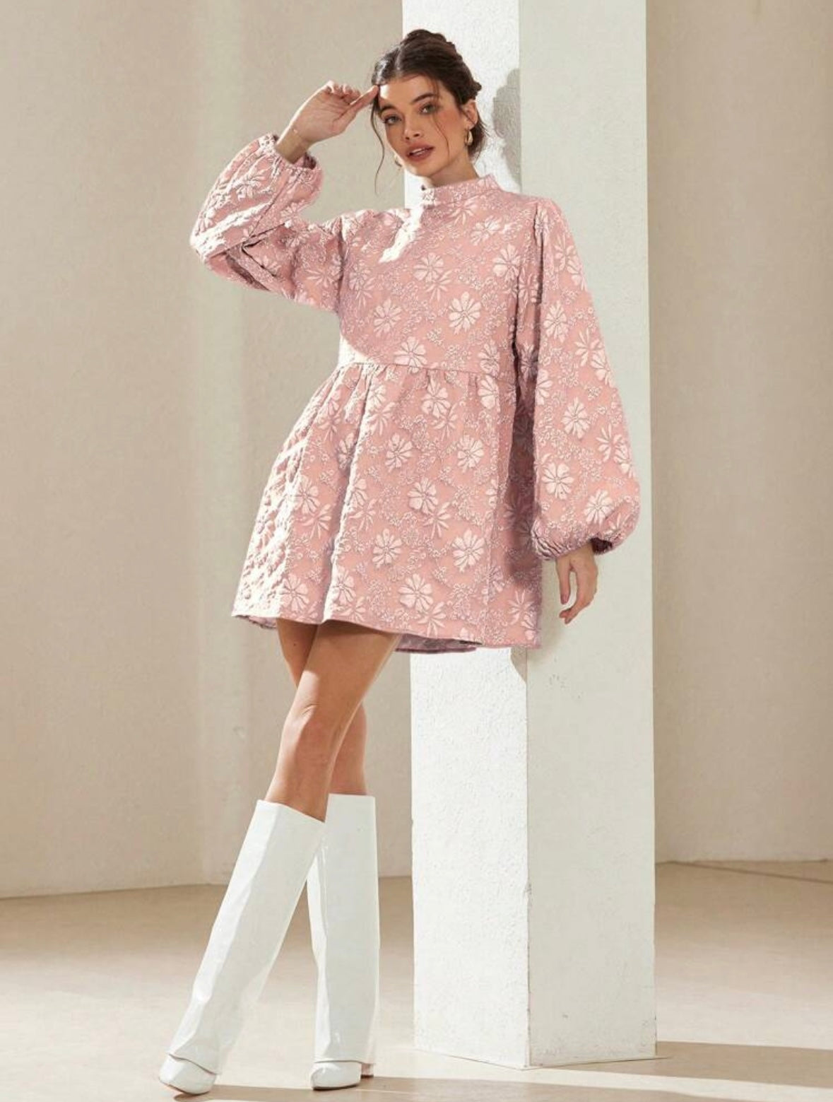 Textured Floral | Lantern Sleeve | A-Line Mini Dress