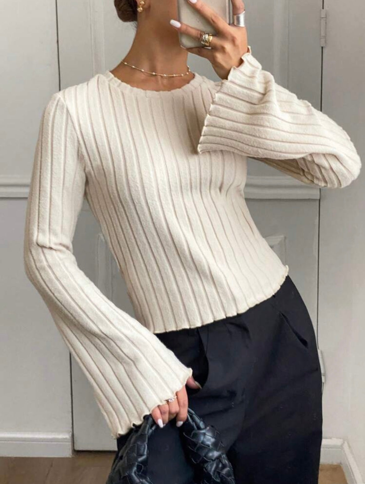 Knit Tee | Trimmed Trumpet Sleeve | Ribbed Texture