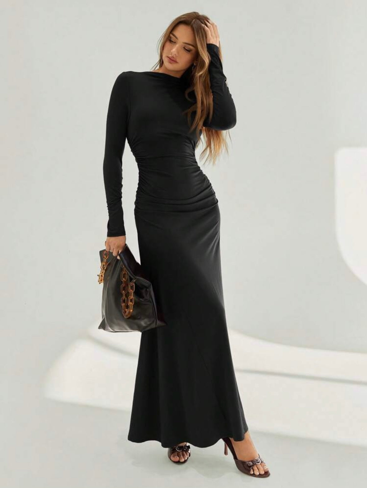 Women's Asymmetric Ruched Long Sleeve High Neck A-Line Body-con Dress