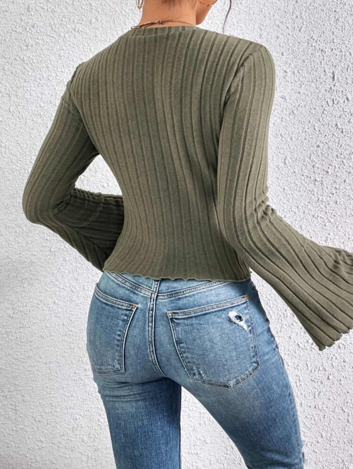 Knit Tee | Trimmed Trumpet Sleeve | Ribbed Texture