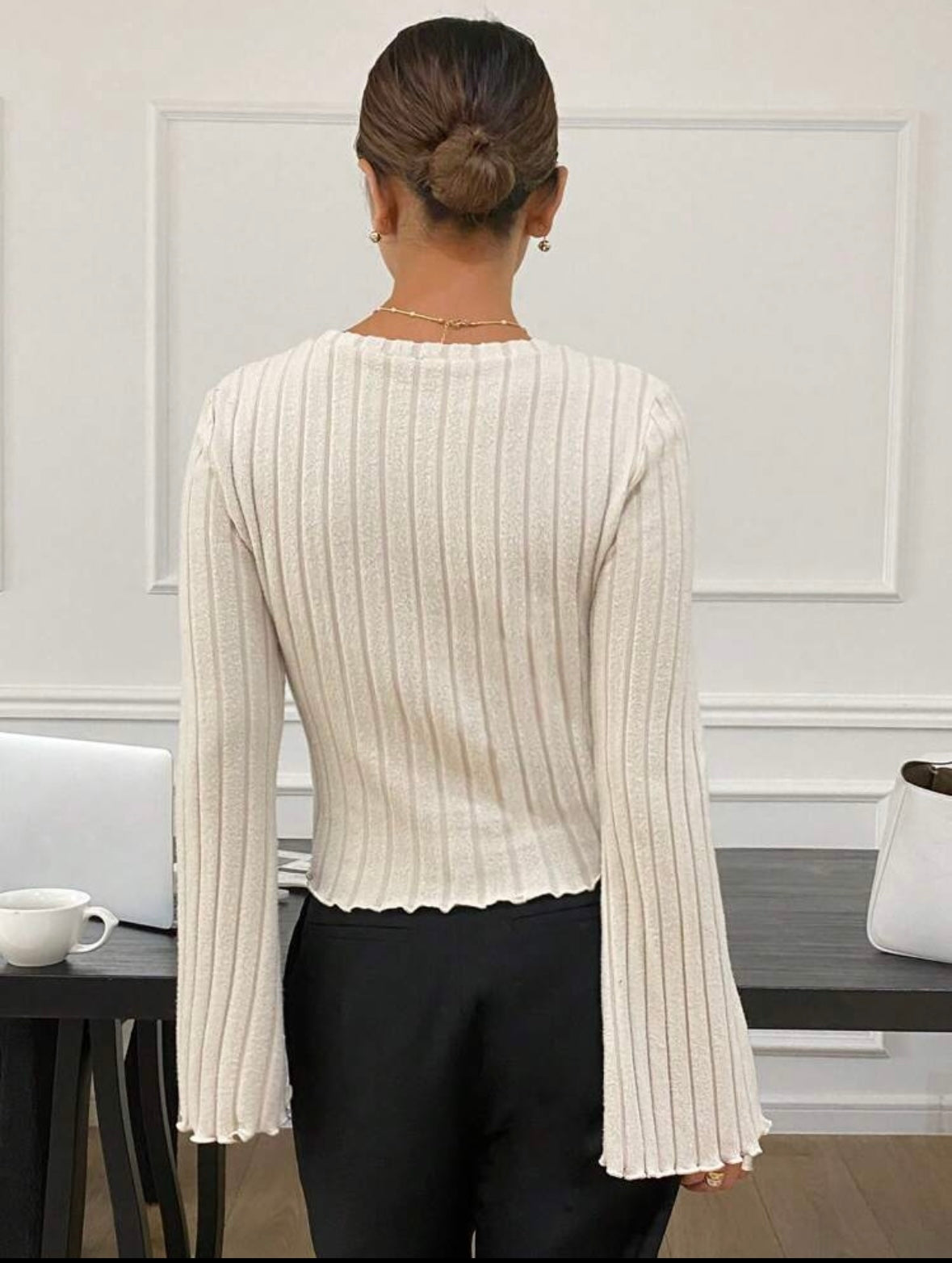 Knit Tee | Trimmed Trumpet Sleeve | Ribbed Texture