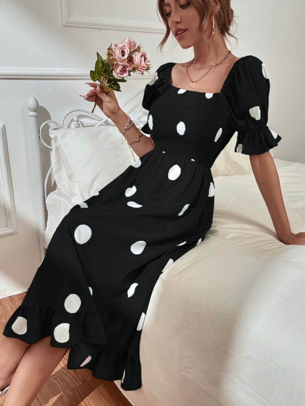Polka Dot Print Puff Sleeve Shirred Ruffle Hem Dress