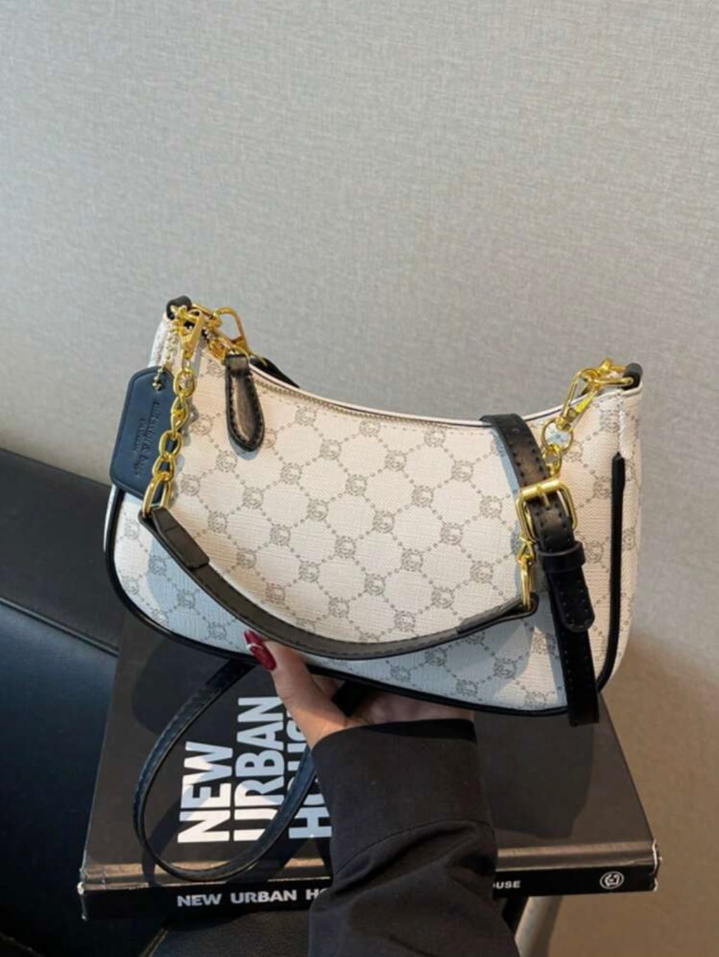 Women's shoulder bag | Adjustable strap | Metallic embroidered letters |