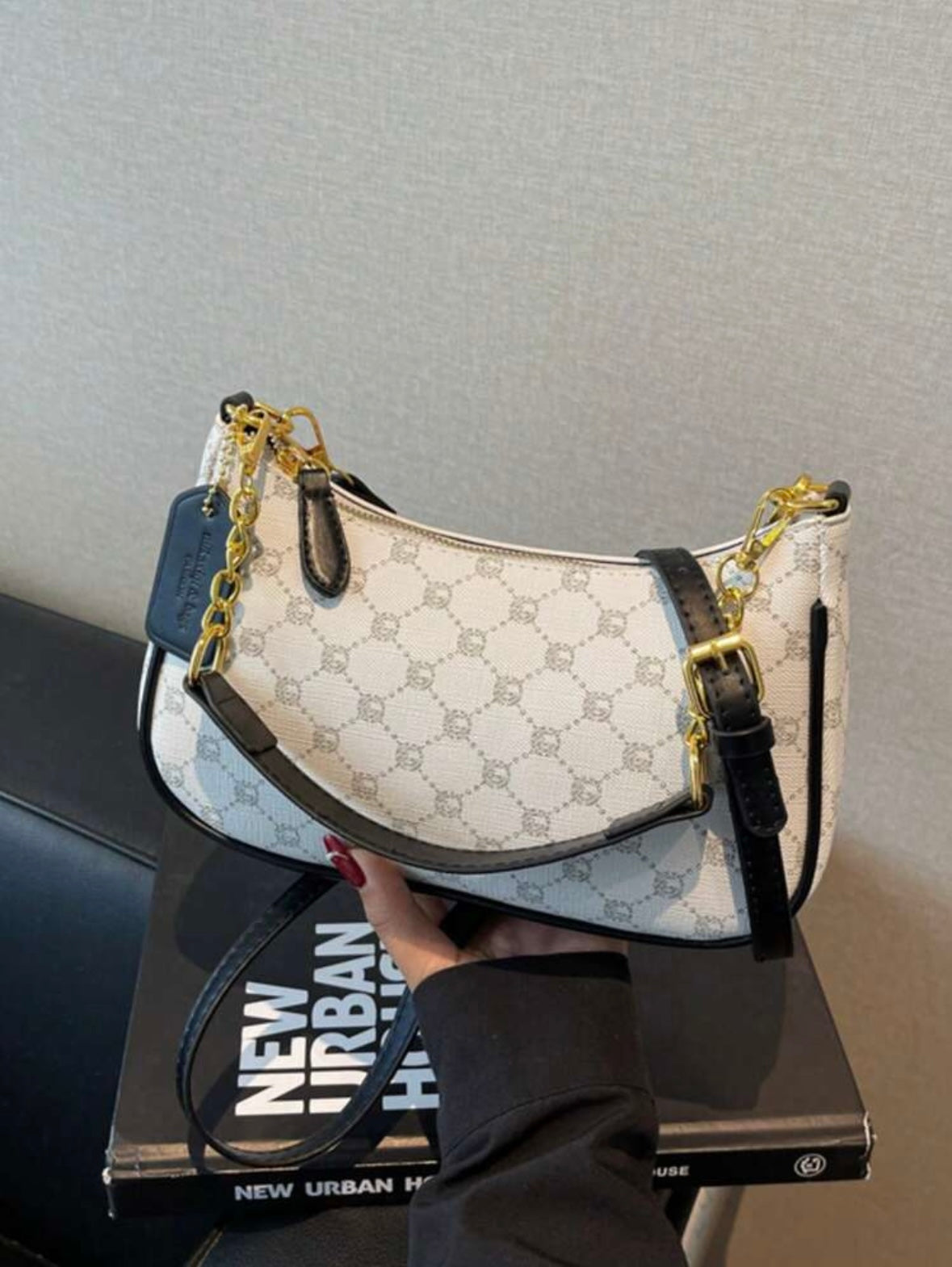 Women's shoulder bag | Adjustable strap | Metallic embroidered letters |