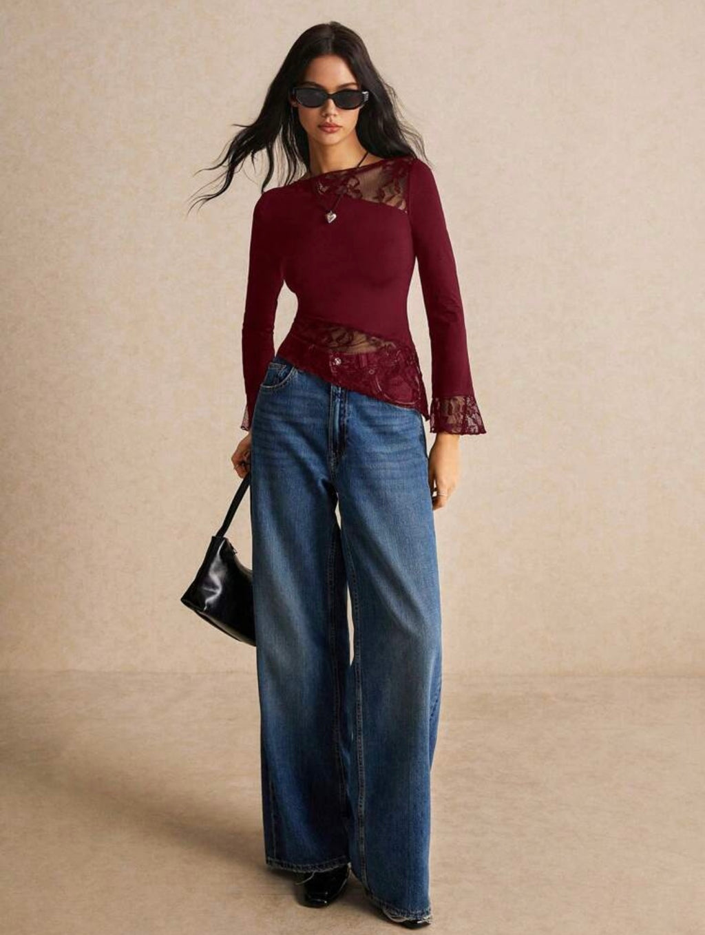 Slim Fit Asymmetric Lace Long Sleeve T-Shirt With Hem Splicing Flutter Design