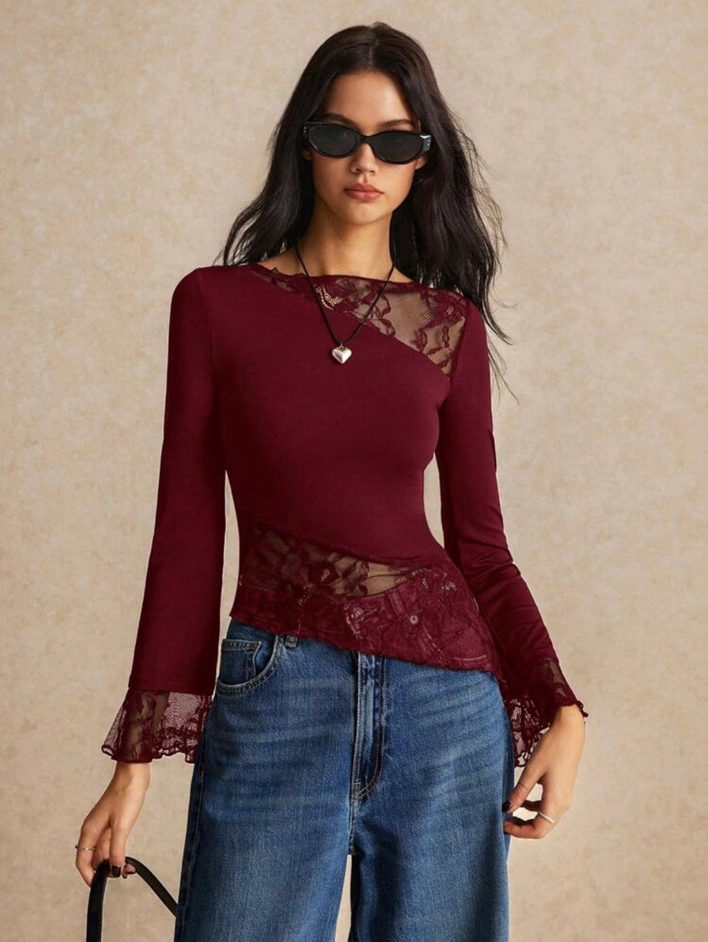 Slim Fit Asymmetric Lace Long Sleeve T-Shirt With Hem Splicing Flutter Design