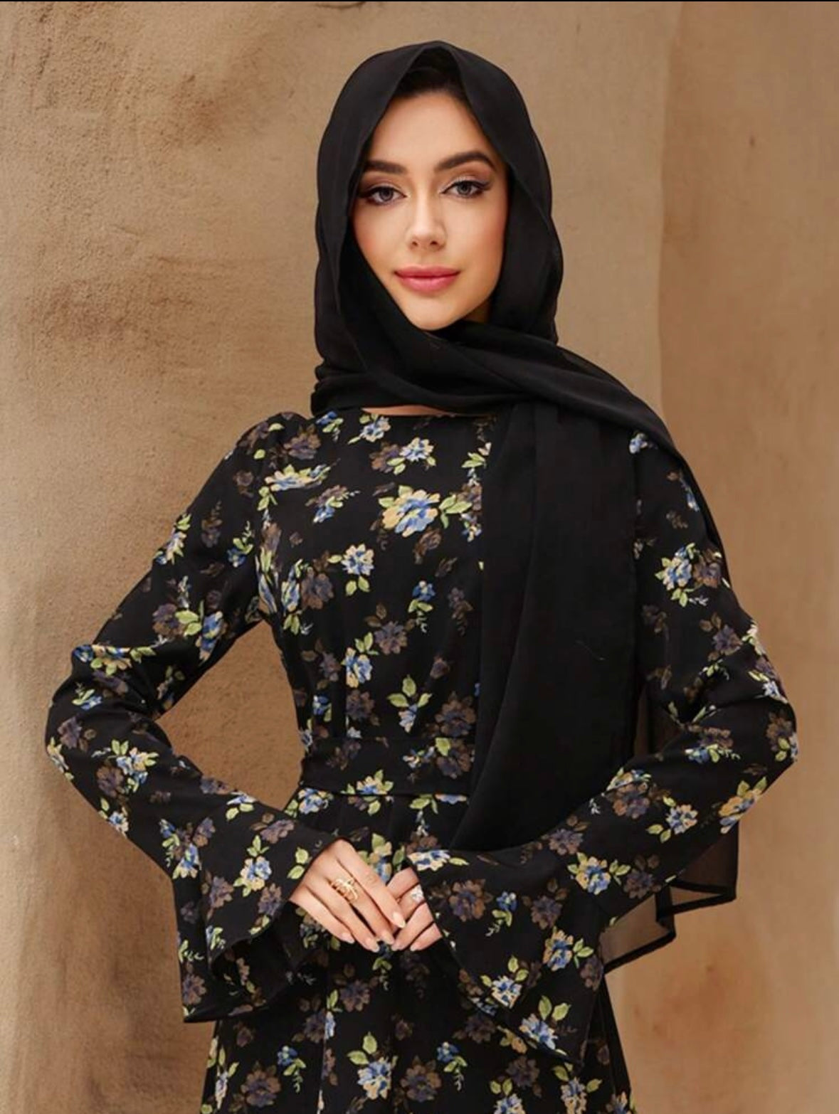 Women's Ditsy Floral Trumpet Sleeve| Ruffled Waist | Modest |Stylish |
