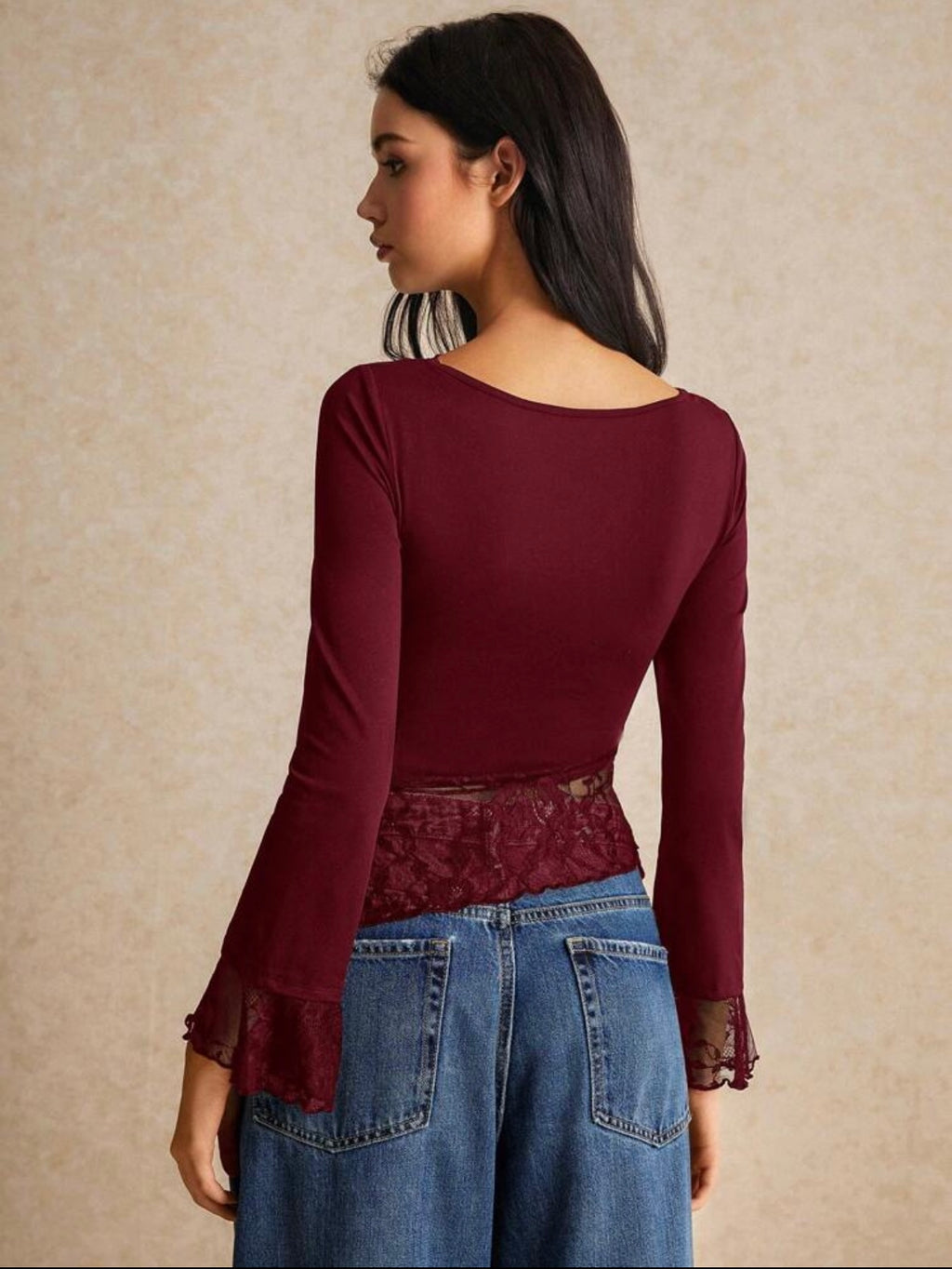 Slim Fit Asymmetric Lace Long Sleeve T-Shirt With Hem Splicing Flutter Design