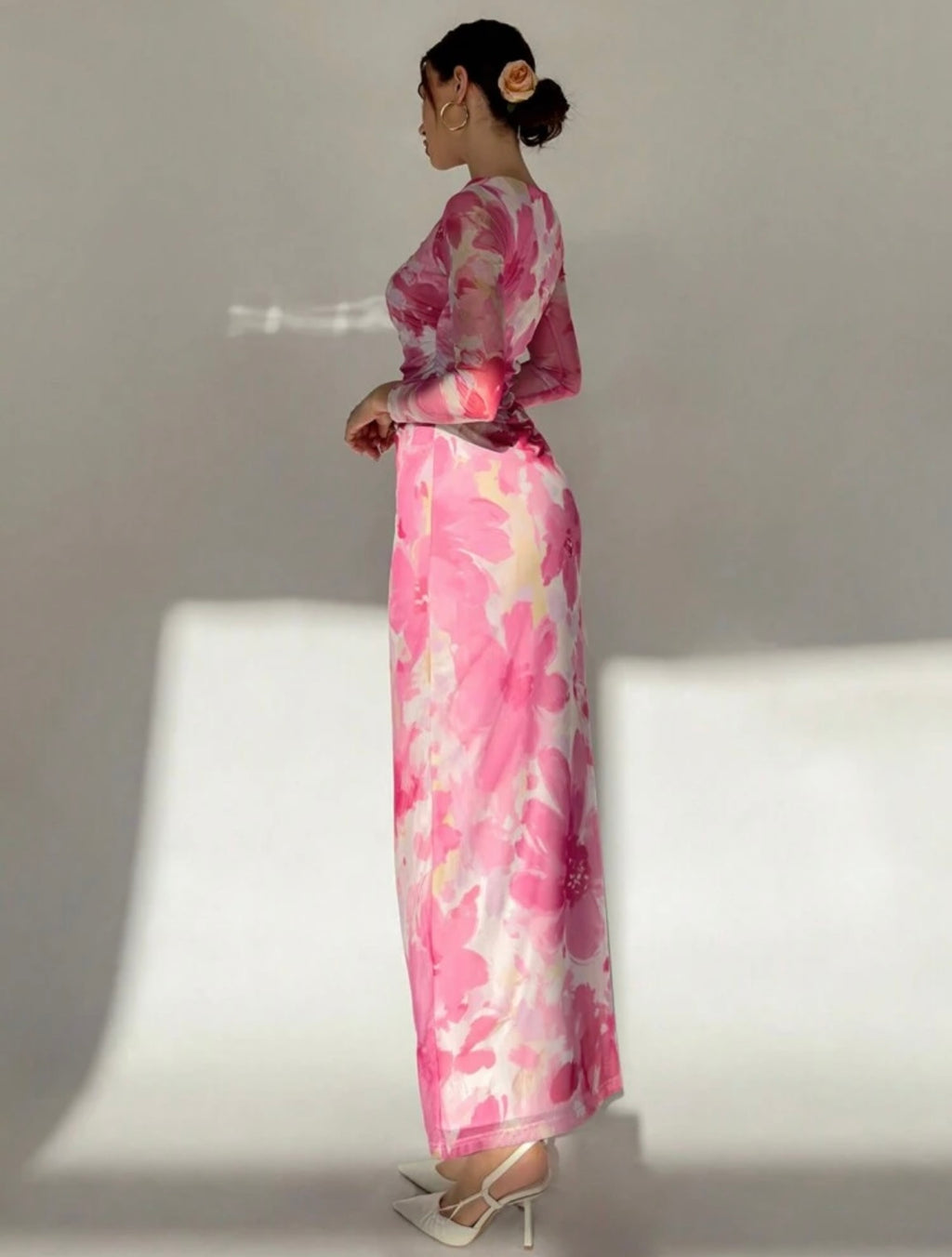 Pink Floral Print Long Sleeve Maxi Mesh Dress