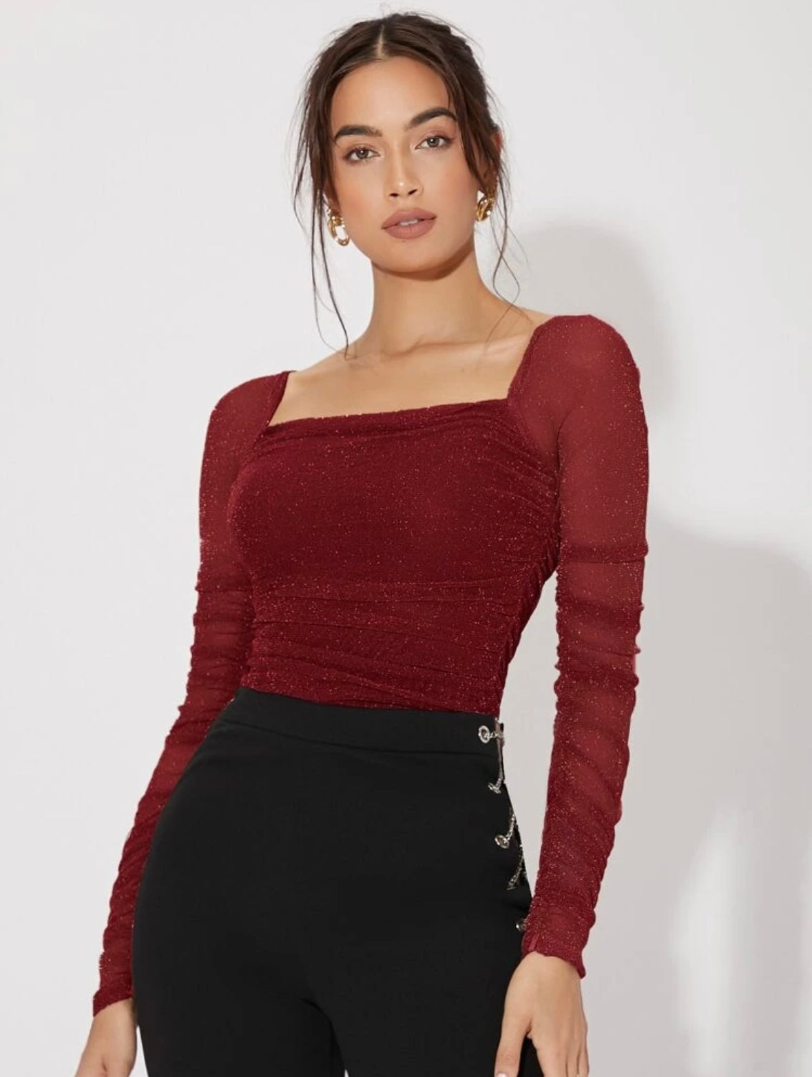 Firerie Mesh Panel Ruched Glitter Tops