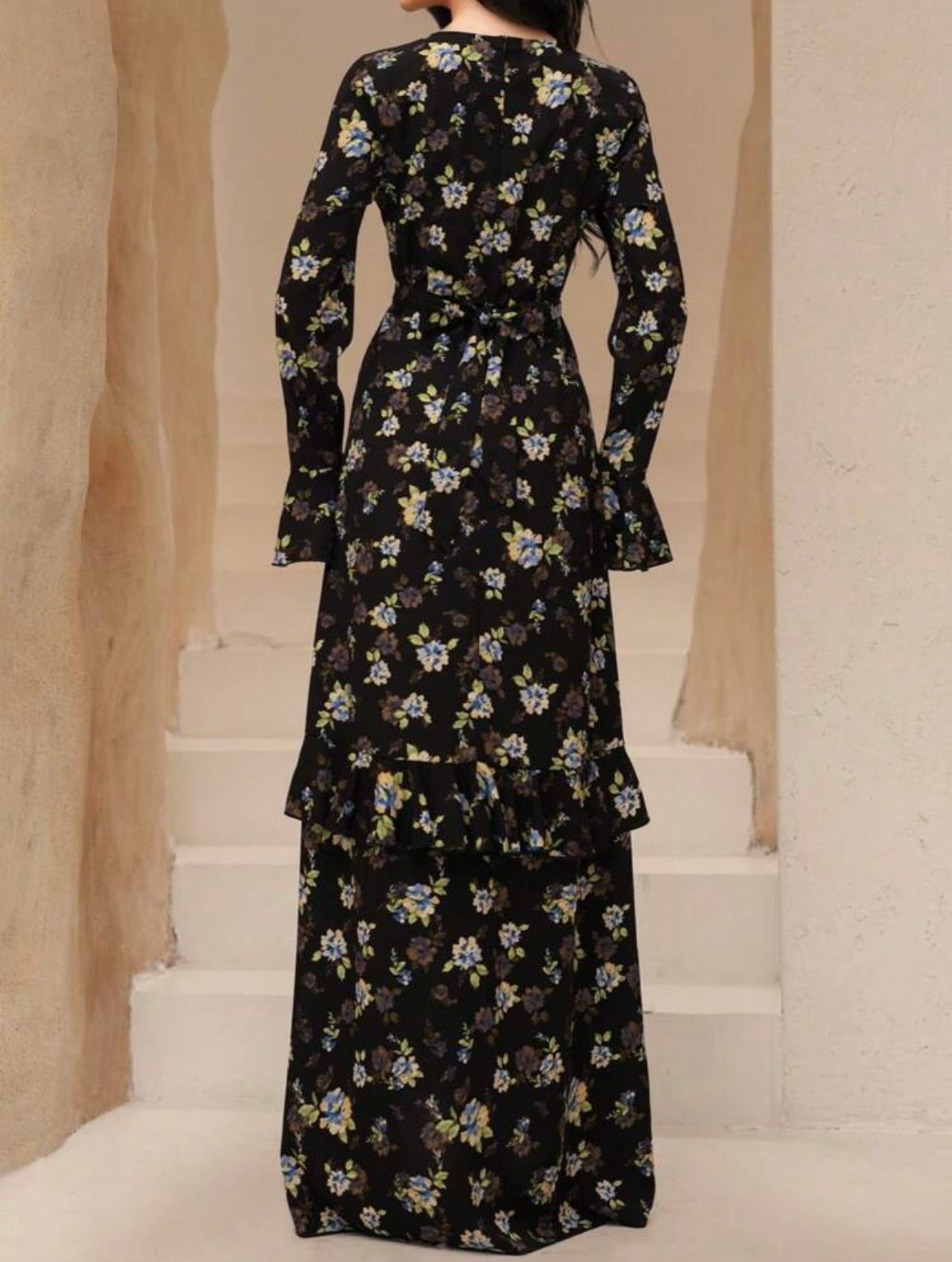 Women's Ditsy Floral Trumpet Sleeve| Ruffled Waist | Modest |Stylish |