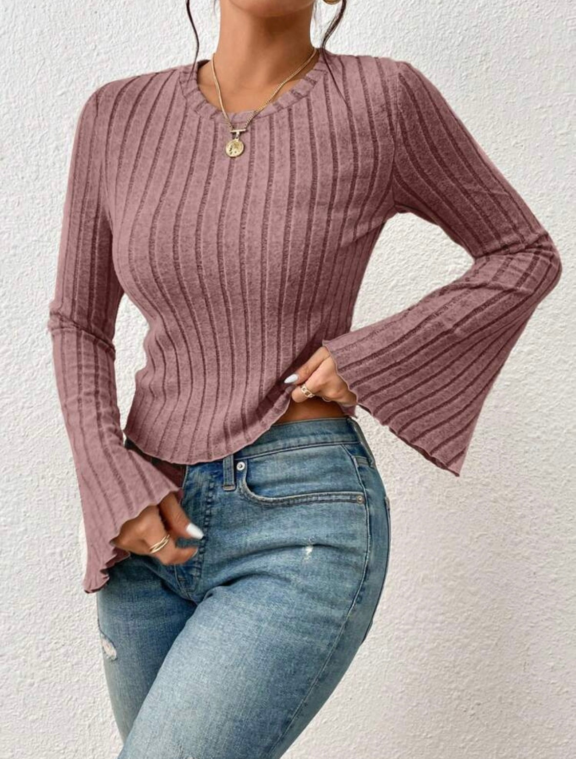 Knit Tee | Trimmed Trumpet Sleeve | Ribbed Texture