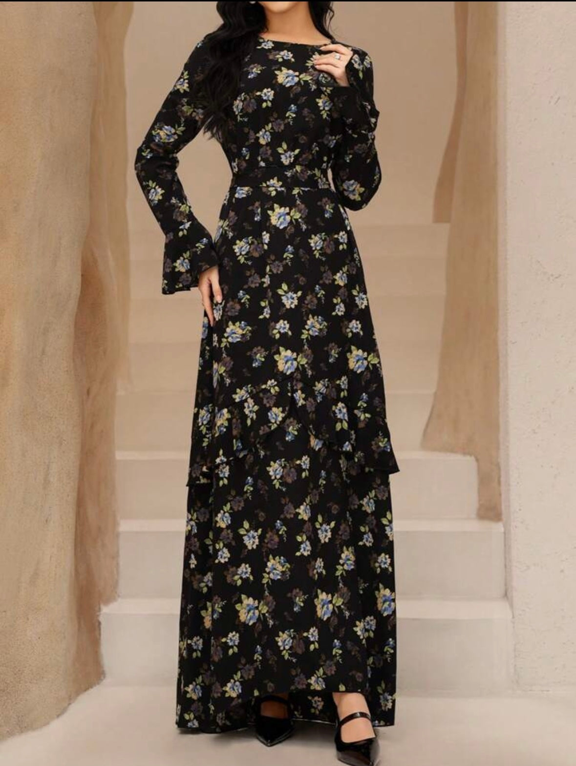 Women's Ditsy Floral Trumpet Sleeve| Ruffled Waist | Modest |Stylish |