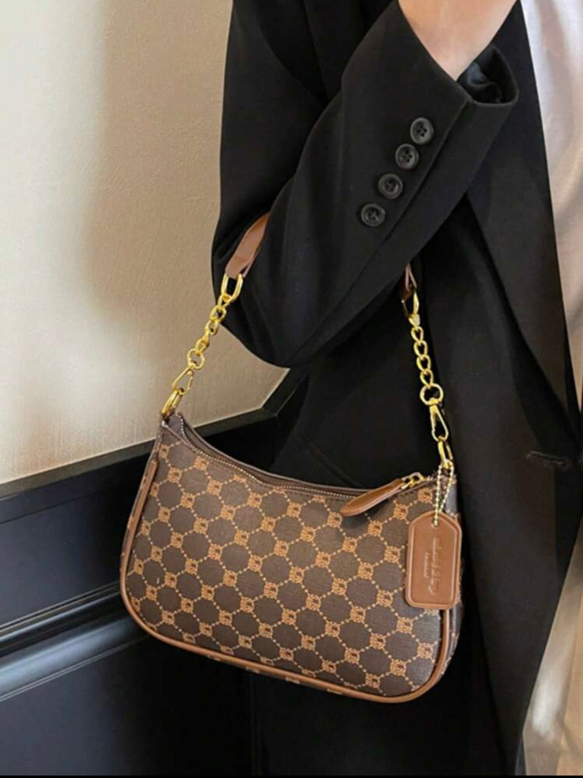 Women's shoulder bag | Adjustable strap | Metallic embroidered letters |
