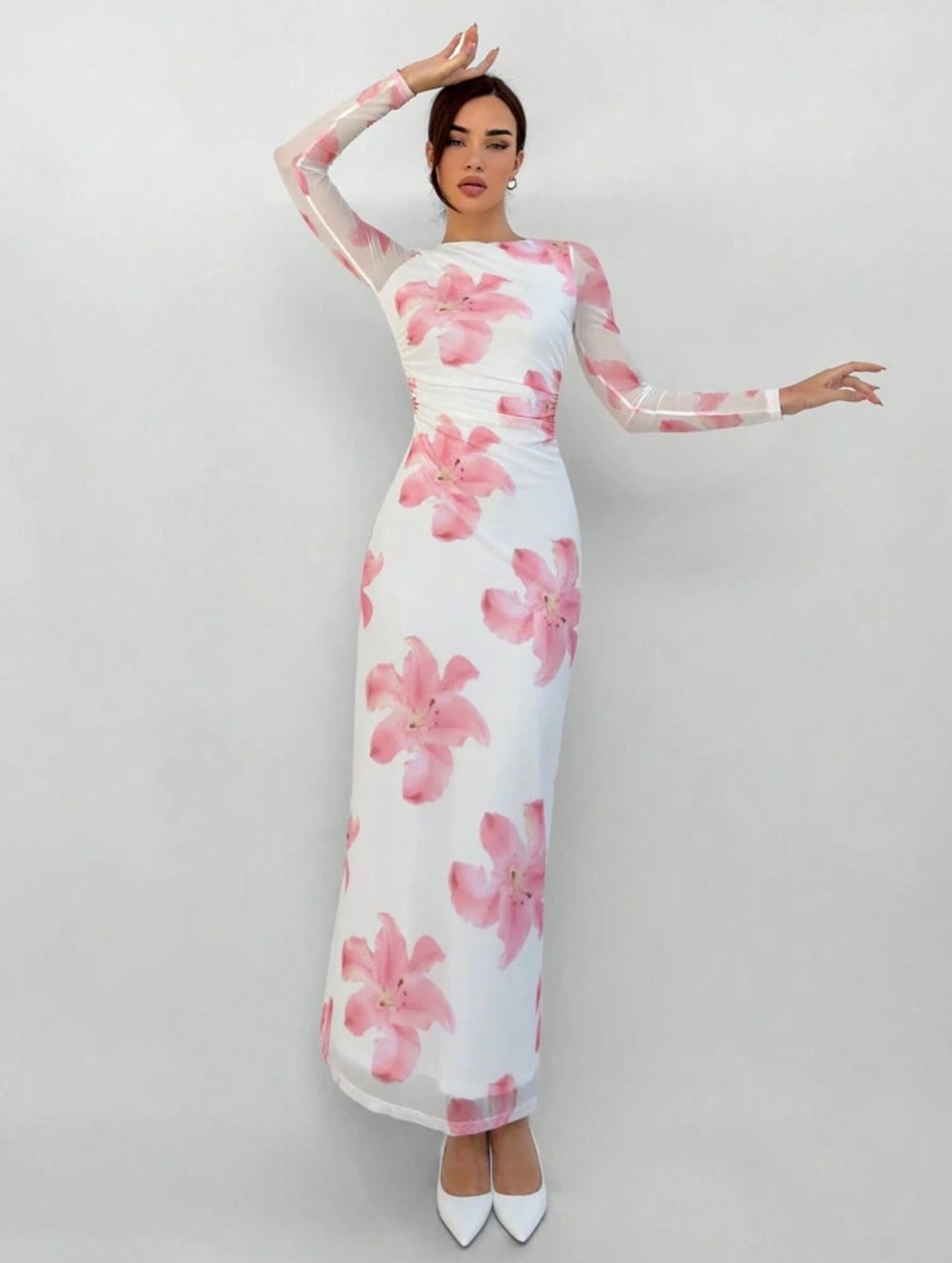 Pink Floral Print Long Sleeve Maxi Mesh Dress