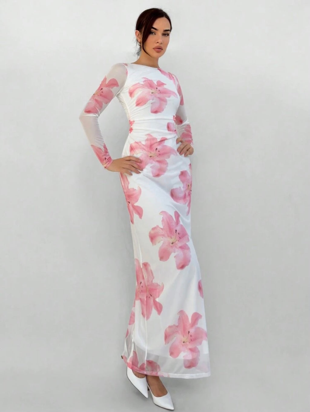 Pink Floral Print Long Sleeve Maxi Mesh Dress
