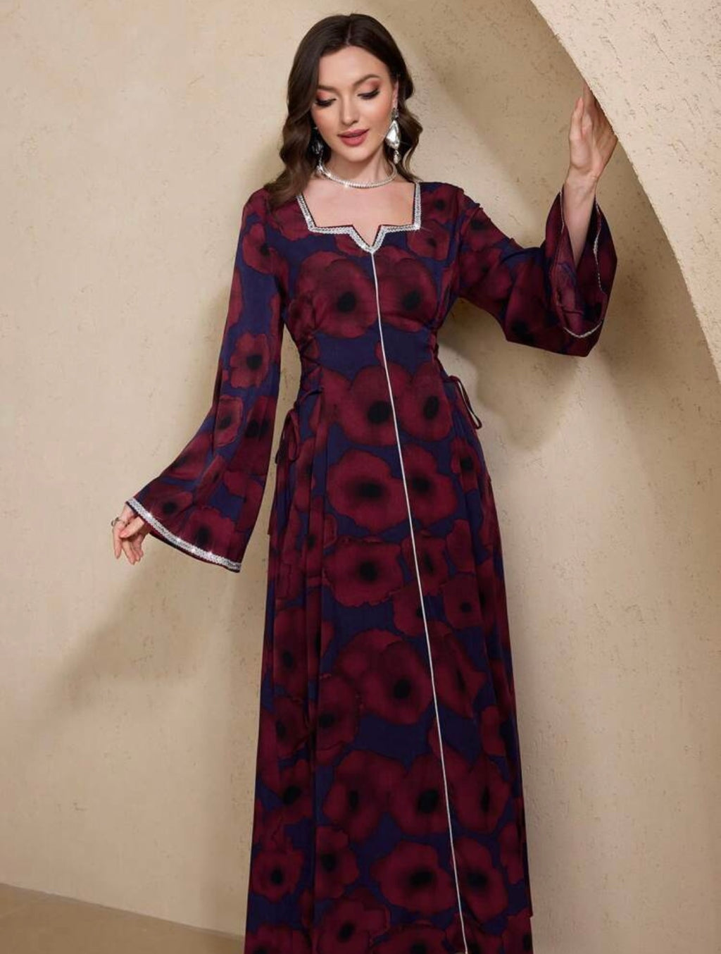 Women's Elegant Floral Print Crossed Strap Waist Flare Sleeve Arab Style Long Dress