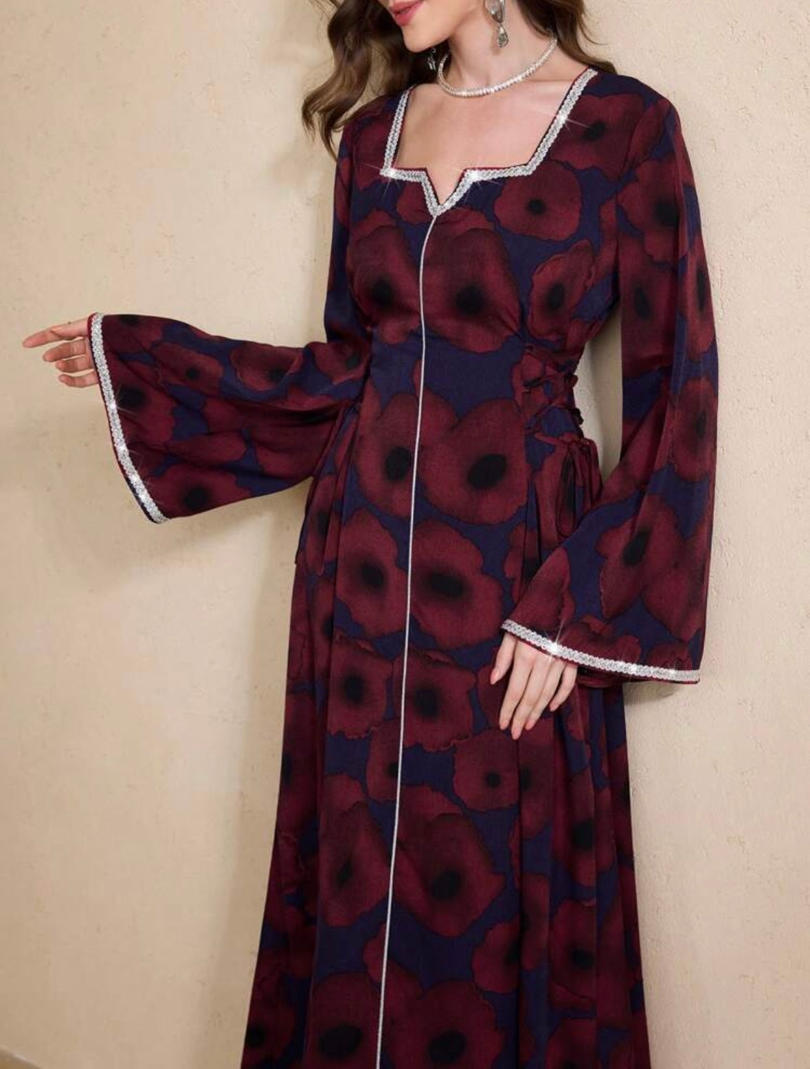 Women's Elegant Floral Print Crossed Strap Waist Flare Sleeve Arab Style Long Dress