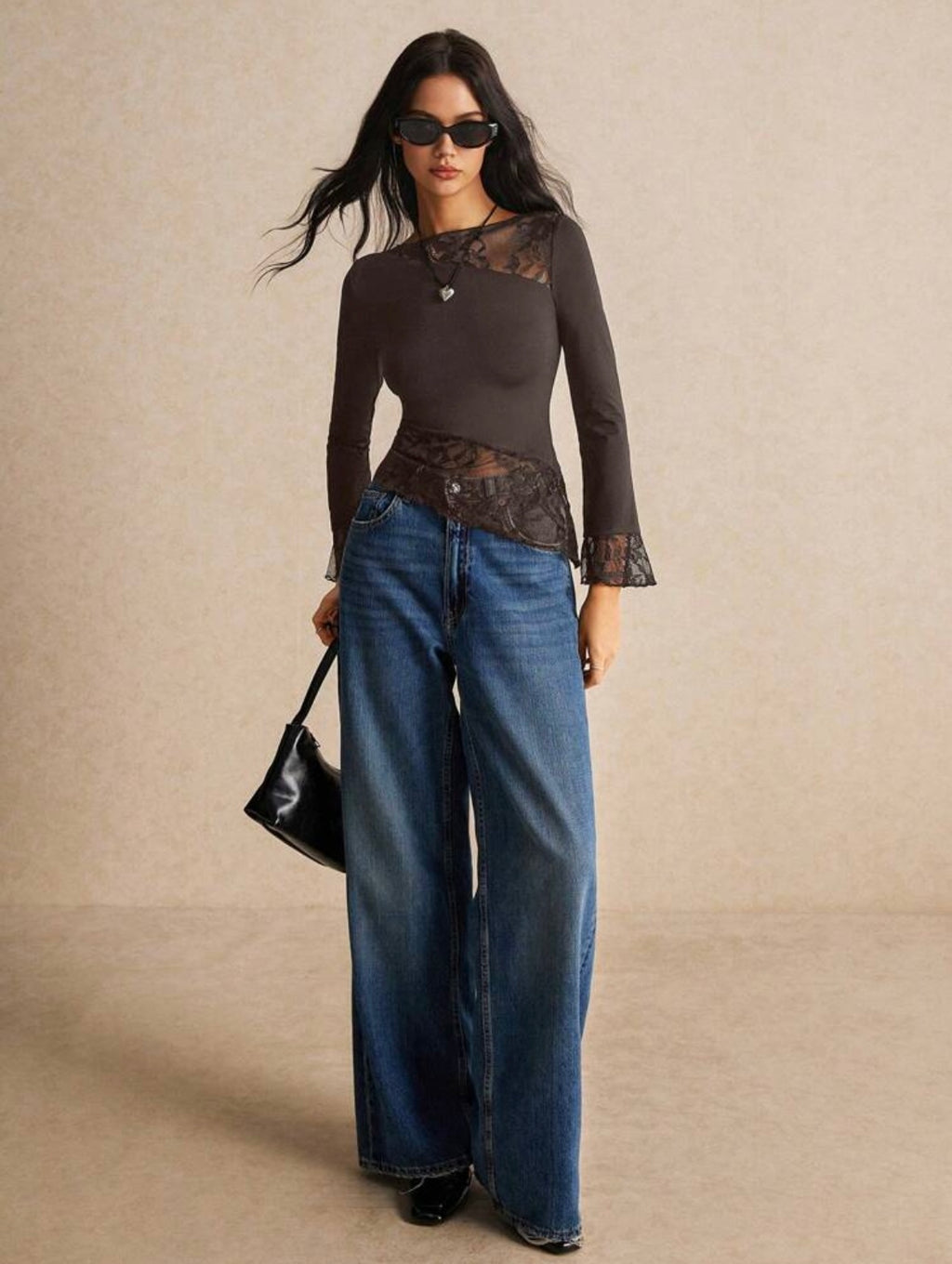 Slim Fit Asymmetric Lace Long Sleeve T-Shirt With Hem Splicing Flutter Design