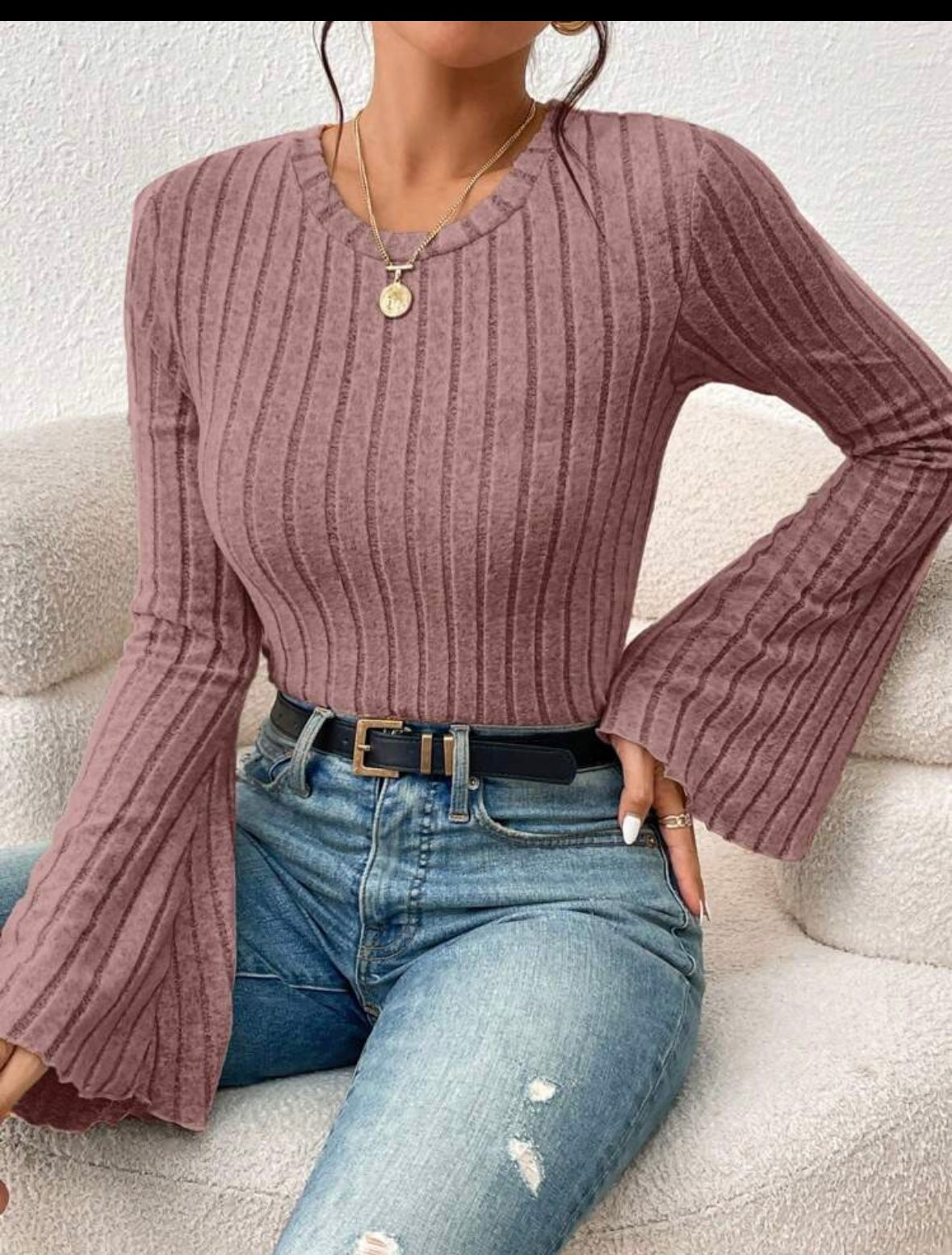 Knit Tee | Trimmed Trumpet Sleeve | Ribbed Texture