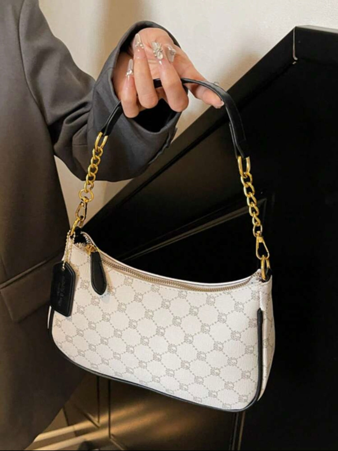Women's shoulder bag | Adjustable strap | Metallic embroidered letters |