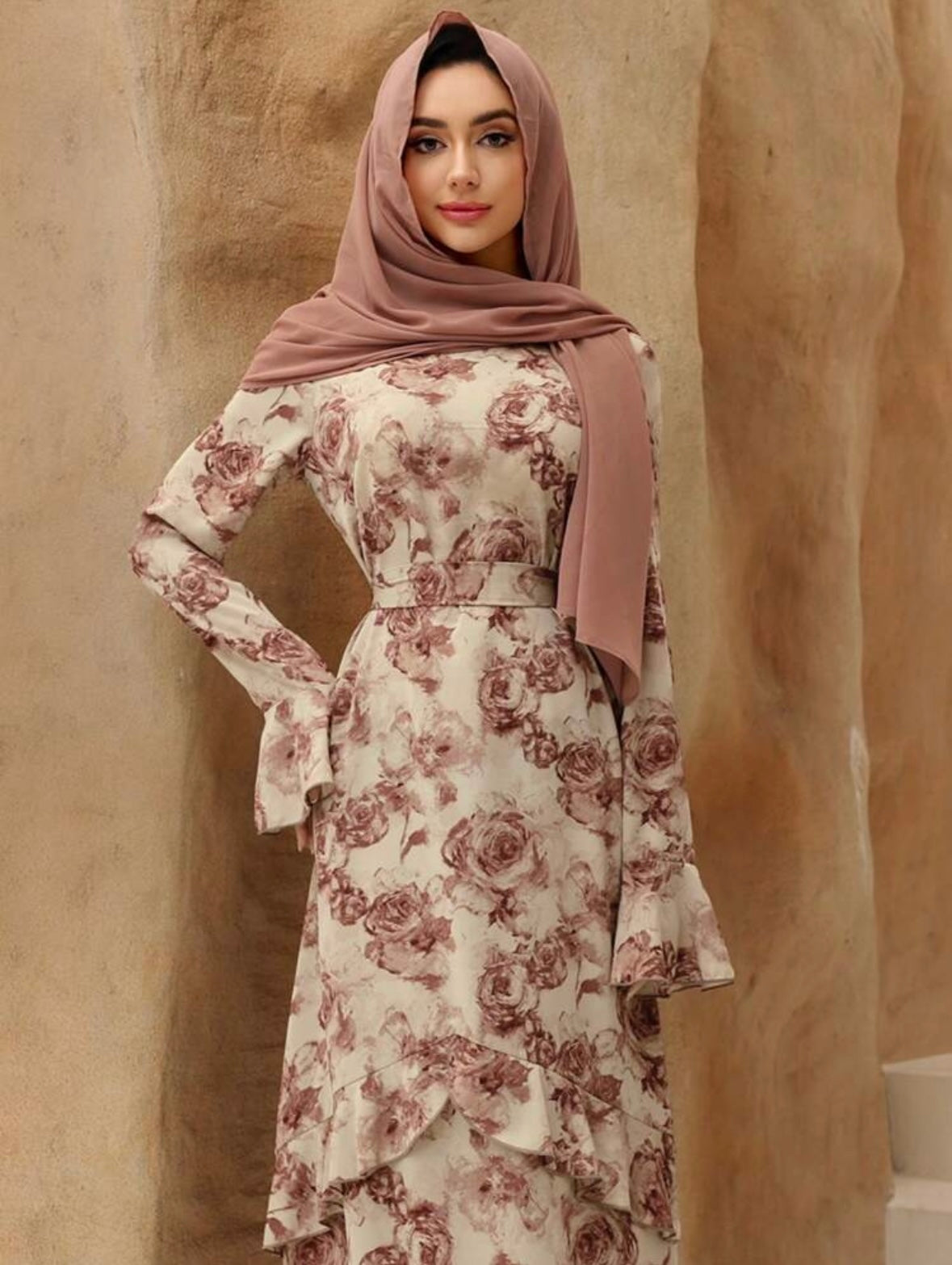 Women's Ruffle Long Sleeve Cinched Waist Waist A-Line | Retro Romantic Dress | Modest