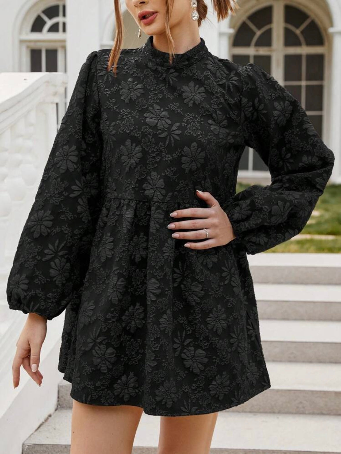 Textured Floral | Lantern Sleeve | A-Line Mini Dress