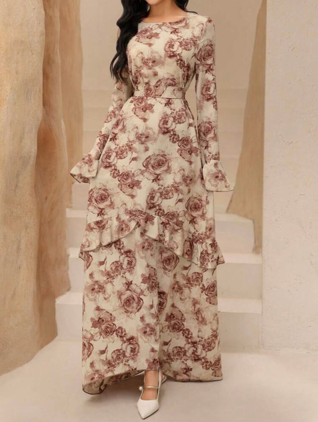 Women's Ruffle Long Sleeve Cinched Waist Waist A-Line | Retro Romantic Dress | Modest