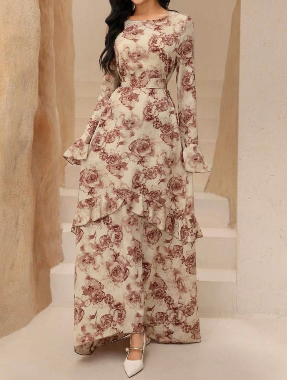 Women's Ruffle Long Sleeve Cinched Waist Waist A-Line | Retro Romantic Dress | Modest