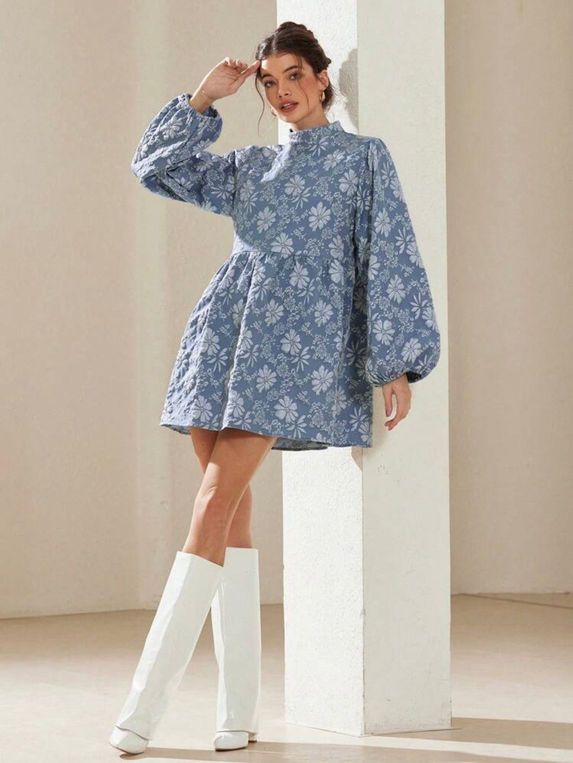 Textured Floral | Lantern Sleeve | A-Line Mini Dress