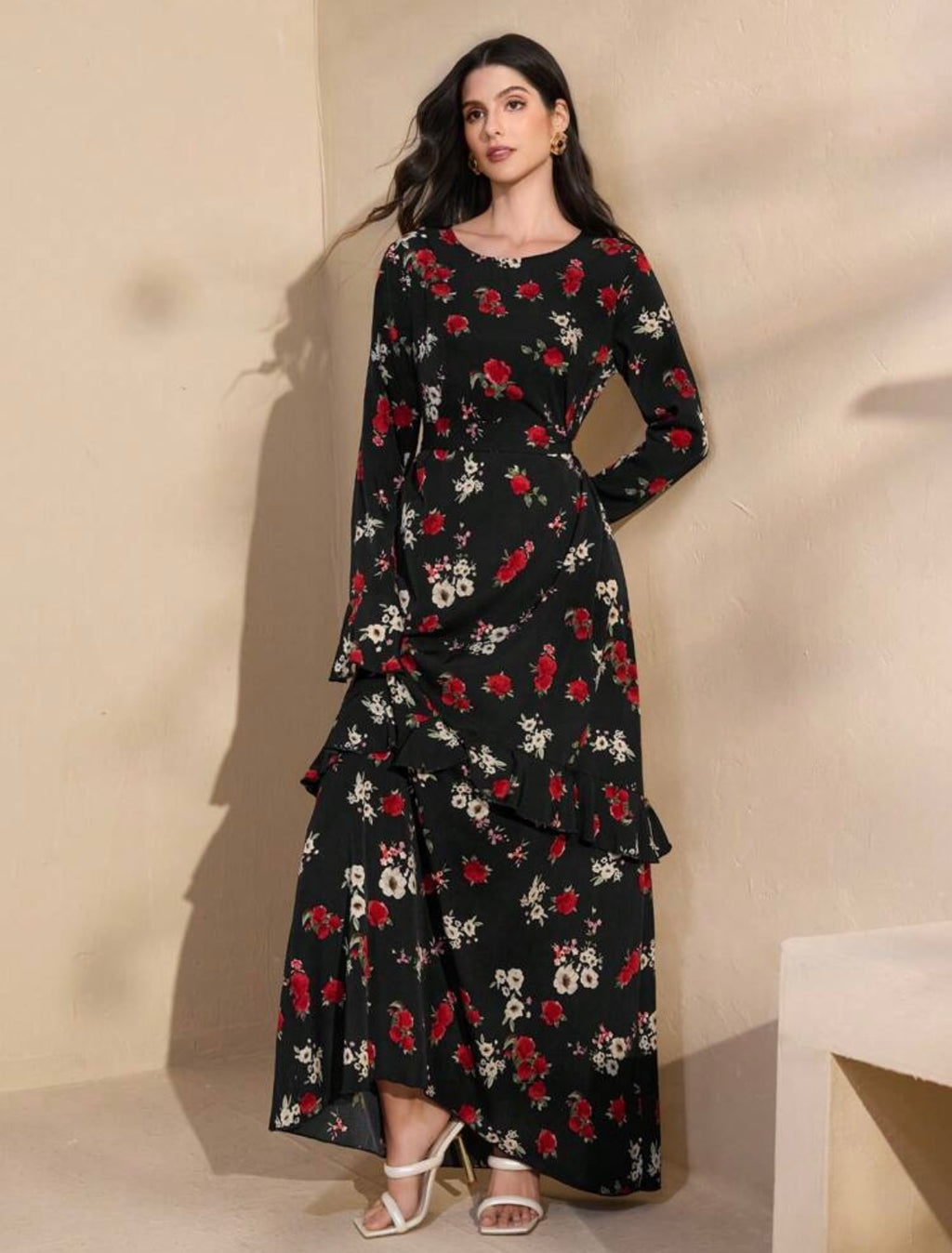 Women's Ruffle Trim Belt Waist A-Line Long Sleeve Dress | Elegant |
