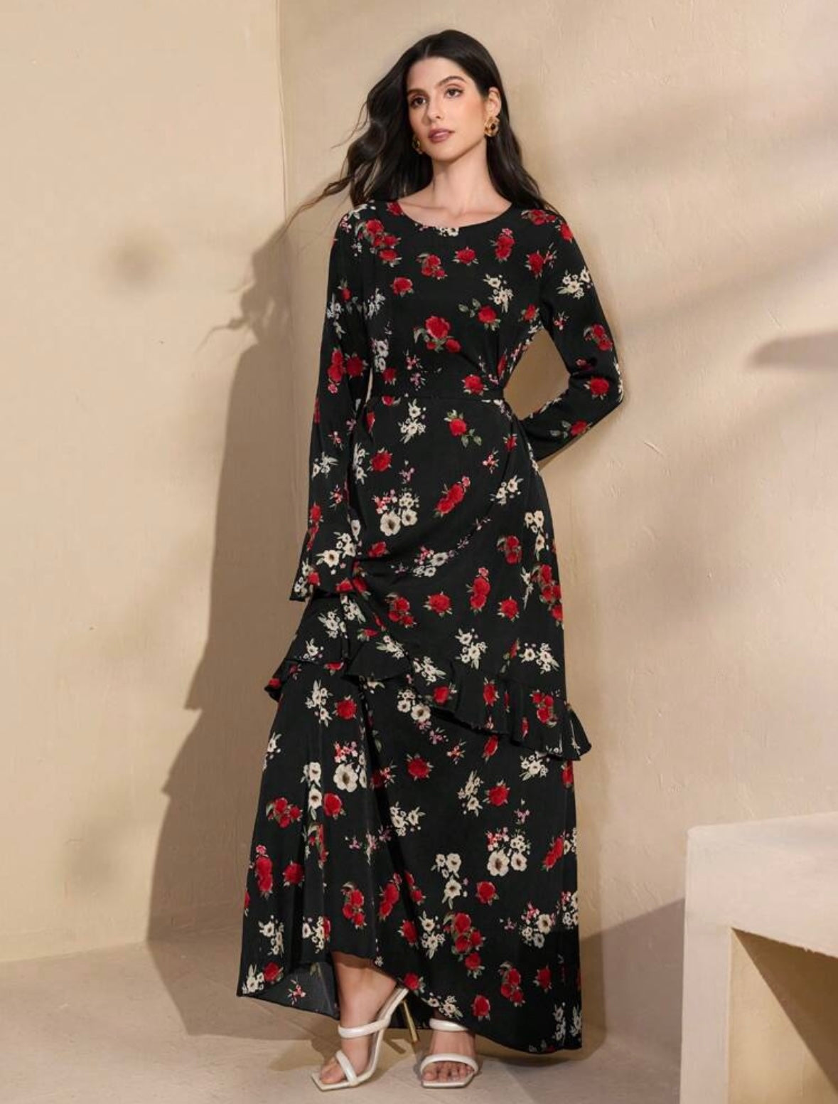 Women's Ruffle Trim Belt Waist A-Line Long Sleeve Dress | Elegant |