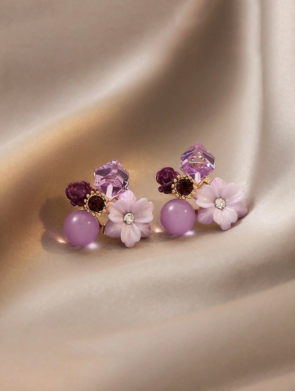 Vintage Maple Leaf & Purple Crystal Flower | Gentle Stud Earrings