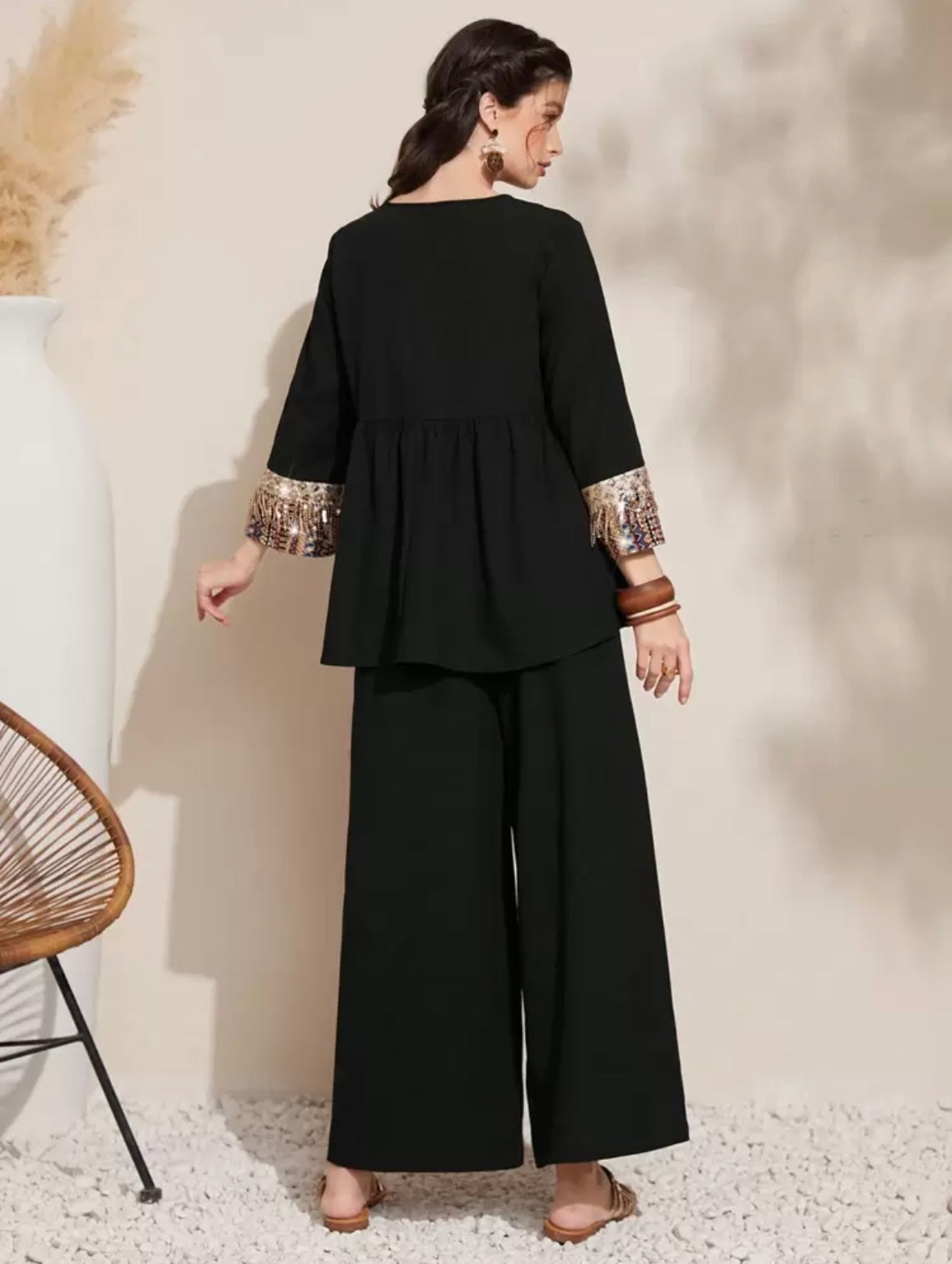 Women's Solid Color Patchwork Fringed Decorated Casual Top And Long Pants Set