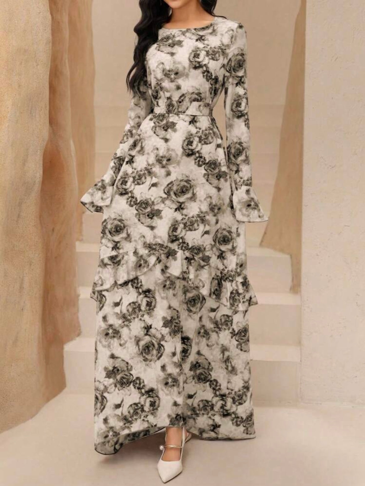 Women's Ruffle Long Sleeve Cinched Waist Waist A-Line | Retro Romantic Dress | Modest
