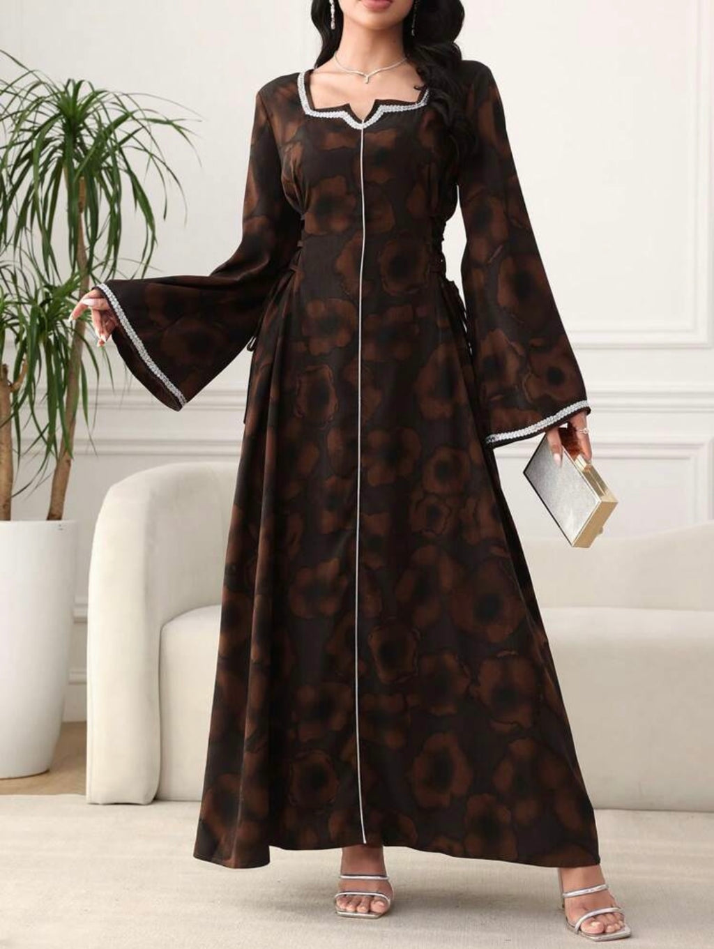 Women's Elegant Floral Print Crossed Strap Waist Flare Sleeve Arab Style Long Dress