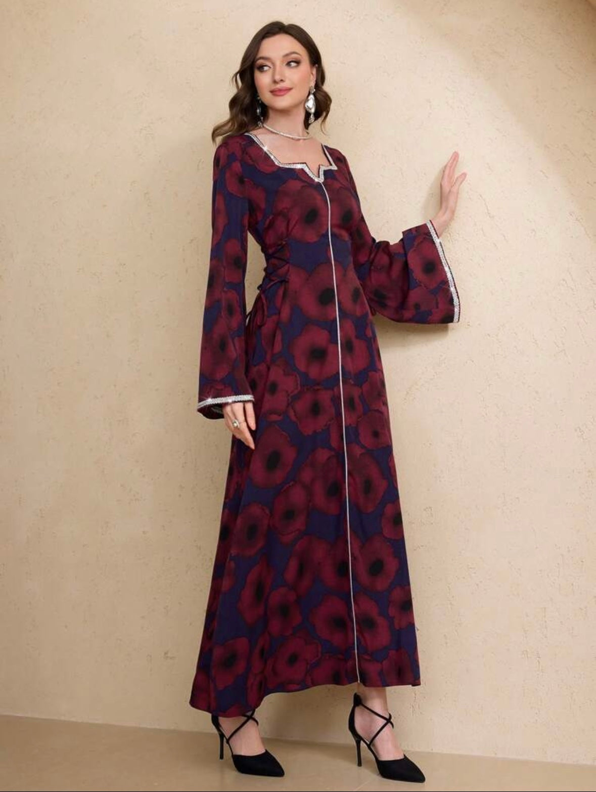 Women's Elegant Floral Print Crossed Strap Waist Flare Sleeve Arab Style Long Dress