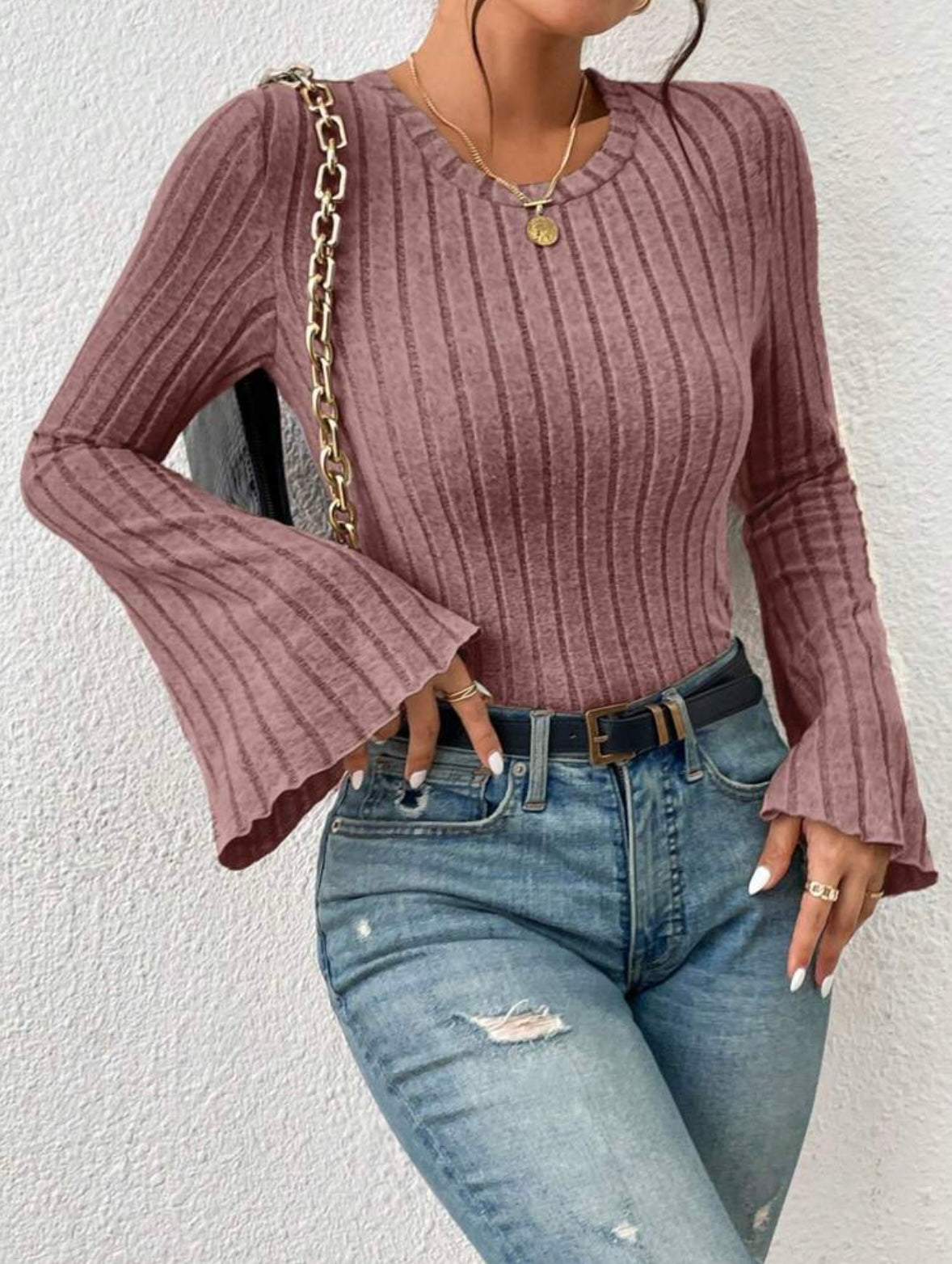 Knit Tee | Trimmed Trumpet Sleeve | Ribbed Texture