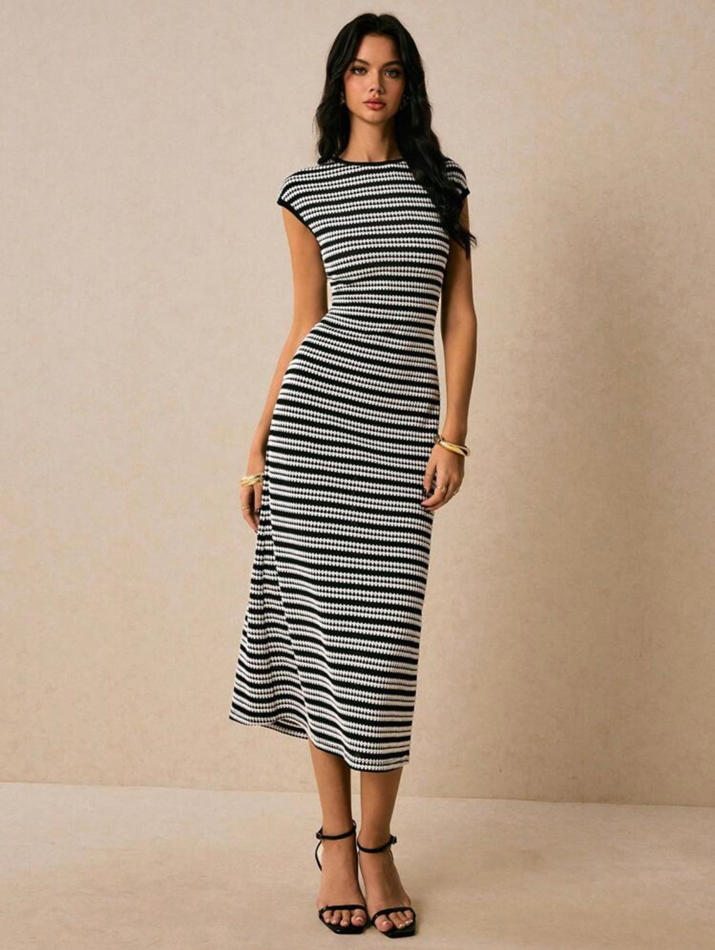 Women's Casual Striped Round Neck Cap Sleeve Dress