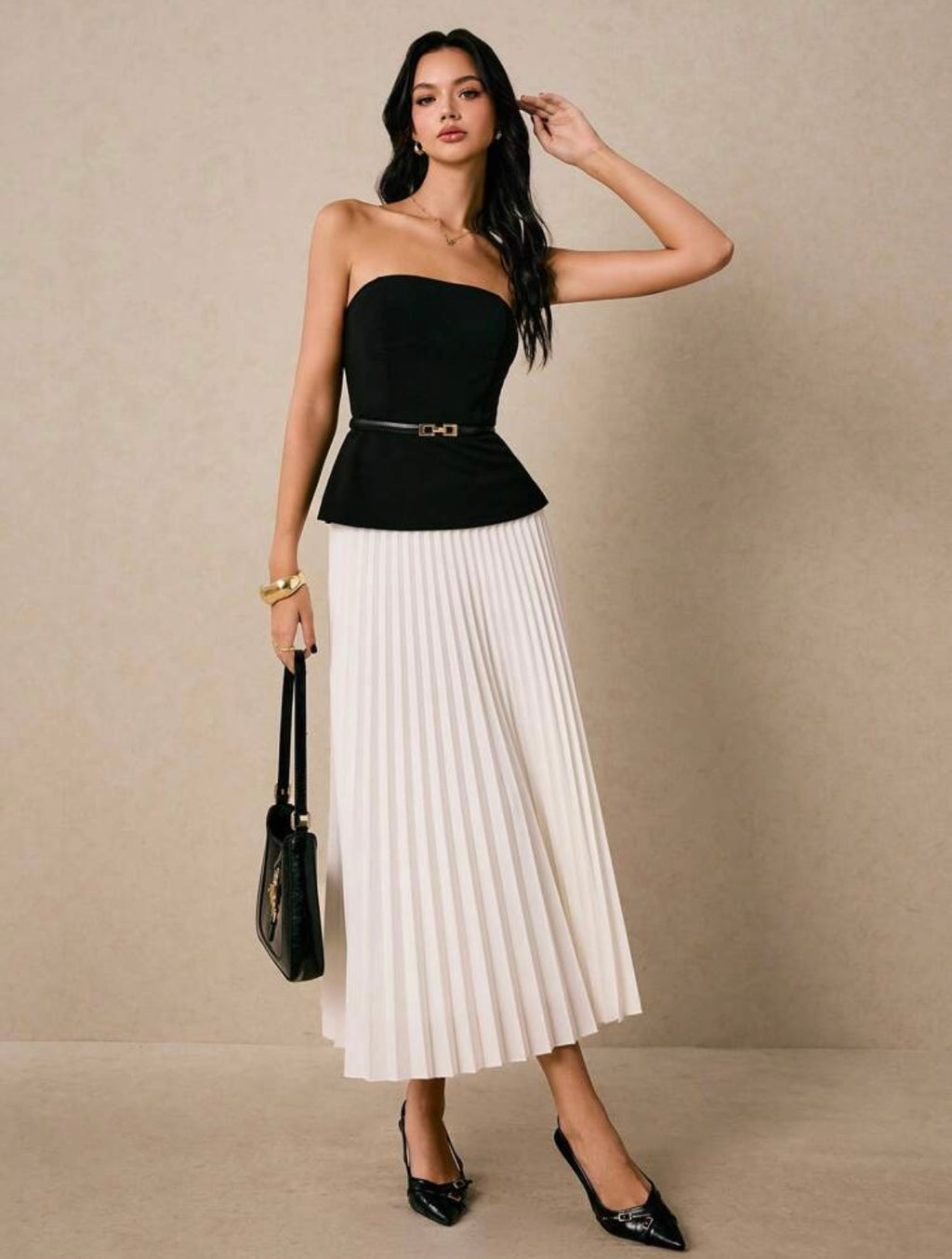 Women Two Pieces Suit Black Top And Pleated Elegant Skirt