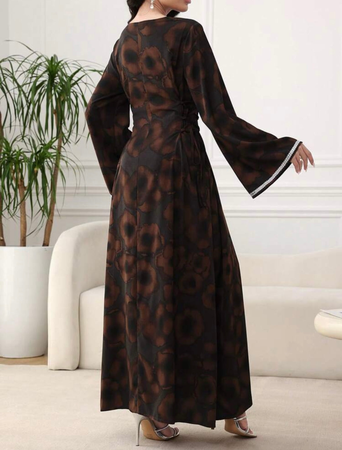 Women's Elegant Floral Print Crossed Strap Waist Flare Sleeve Arab Style Long Dress