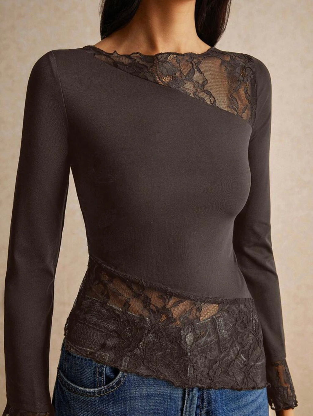 Slim Fit Asymmetric Lace Long Sleeve T-Shirt With Hem Splicing Flutter Design