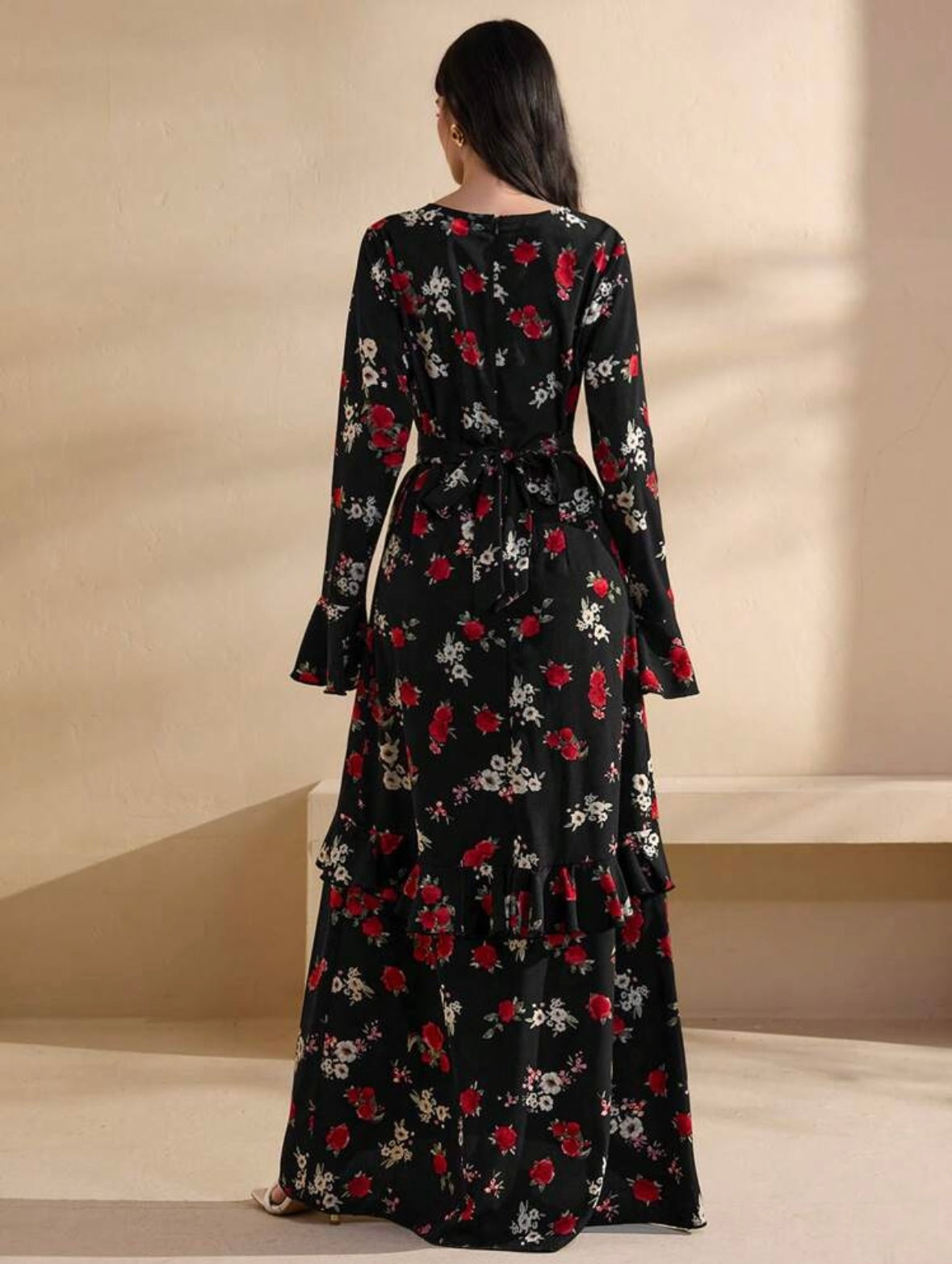 Women's Ruffle Trim Belt Waist A-Line Long Sleeve Dress | Elegant |