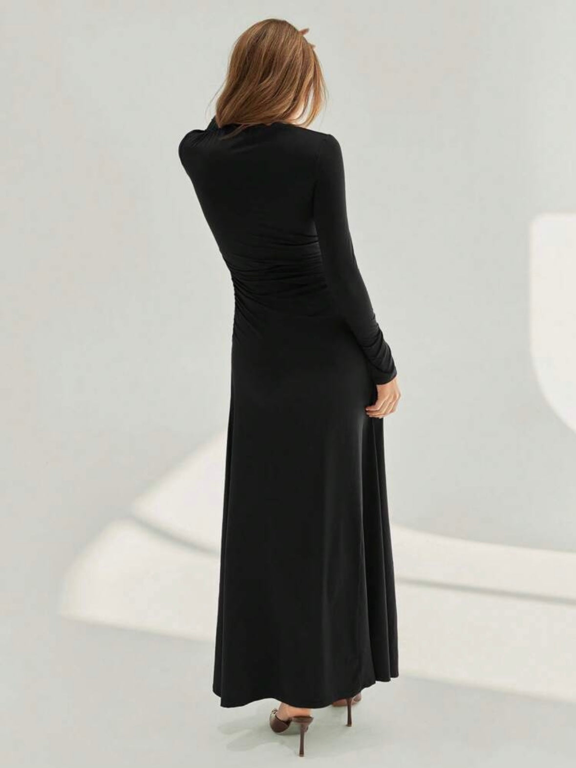 Women's Asymmetric Ruched Long Sleeve High Neck A-Line Body-con Dress