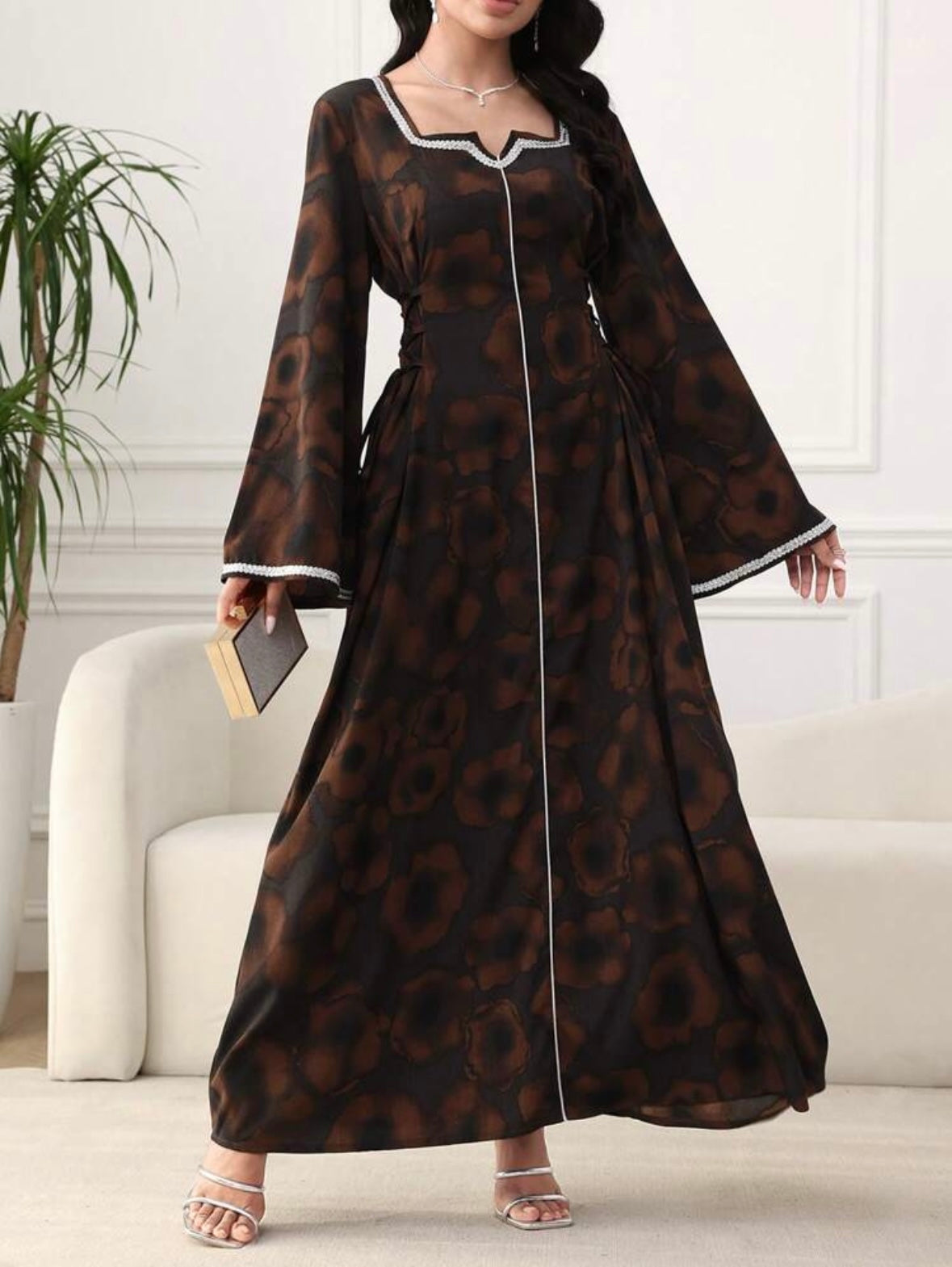 Women's Elegant Floral Print Crossed Strap Waist Flare Sleeve Arab Style Long Dress