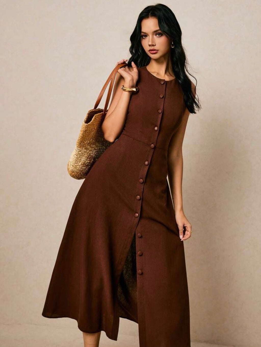 Women's Round Neck |Single-Breasted | Sleeveless | Long Dress